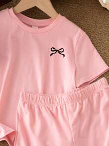 Emery Rose Kids Emery Rose Kids 2 件 Tween 女童休闲简约蝴蝶结装饰短袖上衣和短裤套装，夏季服装