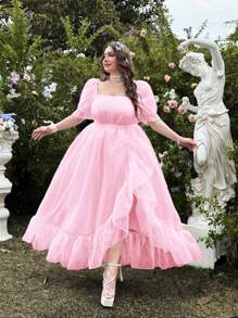 Flirla Plus Size Square Neck Organza Puff Sleeve Ruffle Hem High Slit Dress, Elegant Sweet For Lawn Wedding, Vacation - Pink - View 3