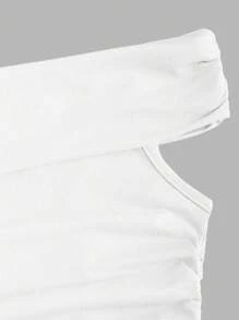 Sweetra Camiseta de mujer de ajuste ceñido con hombros descubiertos y pliegues, unicolor estilo Y2K - Blanco - Ver 5