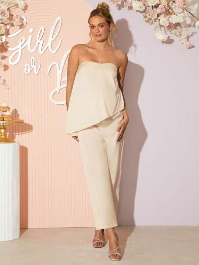 Loomaby Set de 2 piezas: Top bustier asimétrico de unicolor elegante y pantalones para mujeres embarazadas