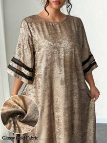 SHEIN Clasi Plus Size Women Metallic Solid Color Loose Mesh Splice Round Neck Short Sleeve Casual Long Dress