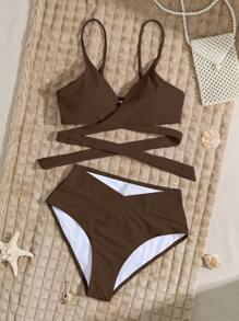 Swim Vcay 2025 Women Solid Color Cross Front Sexy Bikini Set Swimsuit For Summer Beach Vacation - Coffee Brown - View 5