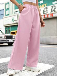 SHEIN Unity Women's Solid Color Minimalist Fashion Wide Leg Pants, Suitable For Summer - Baby Pink - View 1