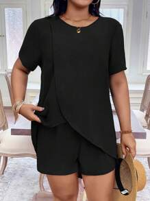 SHEIN LUNE Conjunto de talla grande para mujer de unicolor con cuello redondo y manga corta casual envolvente, adecuado para salir, vacaciones y uso diario, primavera/verano - Negro - Ver 5