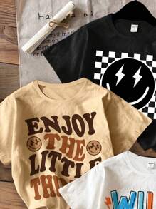 SHEIN Set de 3 camisetas de manga corta de cuello redondo holgadas con estampado de letras sonrientes y estilo minimalista casual para niño, apropiadas para el verano