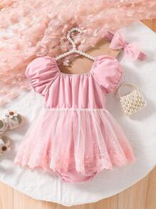 2pcs/Set Baby Girl Elegant Floral Embroidery Lace Trim Bubble Sleeve Square Collar Pink Princess Dress With Bow Headband, Suitable For Birthday, Party, Vacation, Spring/Summer - Pink - View 3
