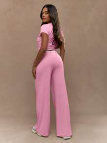 MISSGUIDED Conjunto de ropa de estar en casa de dos piezas con top corto de cuello contrastado y pantalones anchos de pierna ancha - Conjunto de chándal, yoga, baile, casual y cómodo para usar en primavera, verano y otoño