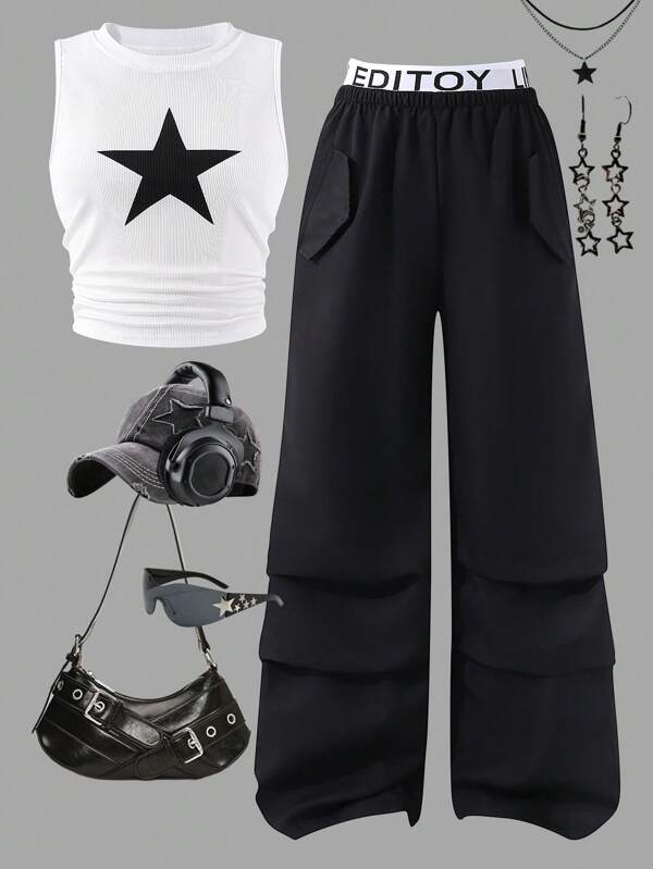 SHEIN Teen Girls Casual Star Print White Camisole + Black Straight Leg Cargo Pants 2 Pieces Set, Spring/Summer