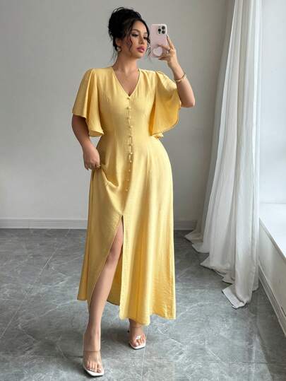 Elenzga فستان طويل بأكمام منتفخة وفتحة في الذيل، د...