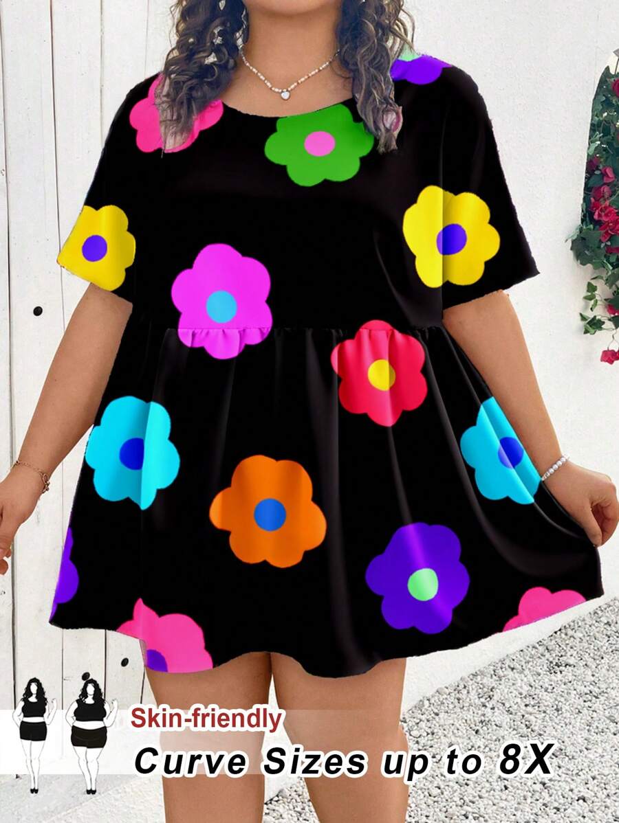 SHEIN CURVE+ Casual Minimalist All Over Print Plus Size Shirt, Pullover Doll Sweater Chic Blouses For Women - Multicolor - View 1