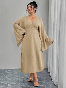 Modelyn Plus Size V-Neck Long Sleeve Casual Dress, Suitable For Summer - Khaki - View 6