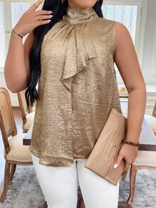 SHEIN Clasi Plus Size Women Elegant Gold Ruffle Collar Short Sleeve Shirt, Summer Sleeveless Blouse - Gold - View 5