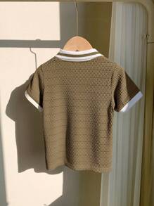 Young Boy Sporty & Casual Color Block Short Sleeve Polo Shirt With Decorative Details,Suitable For Commuting, School, Daily Leisure, Vacation, Travel, Suitable For Sports, Suitable For Kids', Young Boy, School Boys, Boys, Family Matching, Birthday Party, Suitable For Daily, Suitable For School, Suitable For Sports, Spring And Summer Season. - Khaki - View 2