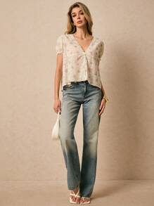 Poéselle 女士度假风刺绣泡泡袖休闲衬衫，度假女装，波西米亚风，可爱夏季上衣，外出上衣，夏季上衣 - 淡紫色 - 查看 4