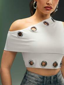 Denimoi Fashion Asymmetrical Neck Eyelet Hardware Crop Top - White - View 2
