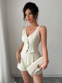 Chiquease Conjunto de 2 piezas para mujer, con top de cierre a presión y abertura en borde + shorts en unicolor simple de estilo casual y de diario
