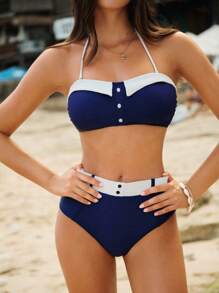 SHEIN Swim Vcay Costum de baie pentru damă, cu șalter la gât, cu set de pantaloni de bikini cu talie înaltă, minimalist și la modă, potrivit pentru vară - Multicolor - Vizualizare 6