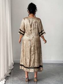 SHEIN Clasi Plus Size Women Metallic Solid Color Loose Mesh Splice Round Neck Short Sleeve Casual Long Dress
