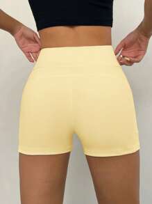 SHEIN EZwear Women's Casual Yellow Knitted Fabric Short Leggings With Pockets - Yellow - View 2
