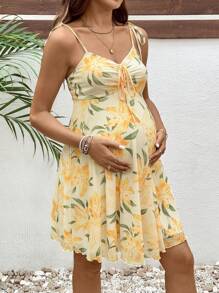 SHEIN Maternity Floral Print Tie Front Camisole Vacation Dress - Yellow - View 2