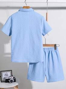 2 Peças Conjunto de Camisa de Manga Curta Solta com Colarinho Polo e Shorts Solta Tecida para Meninos Pré-Adolescentes, Casual e Versátil para Férias - Azul bebê - Visão 10