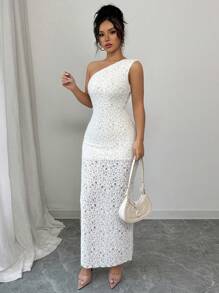 Elenzga Women's Lace Fitted Elegant Midi Dress With Ruffle Trim, Side Slit And Ruffled Hem, Extra Long Dress Suitable For Summer Vacation, Date, Everyday Wear