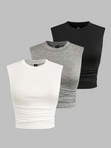 Sweetra Canotta donna casual, aderente, senza maniche, in maglia elastica, versatile, di taglia comoda