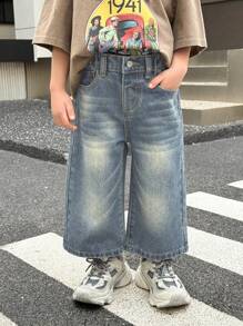 SHEIN Little Byeori 年轻男孩口袋宽松阔腿休闲百搭牛仔裤 - 中等水洗藍 - 查看 3