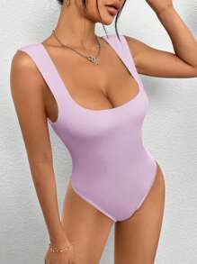 SHEIN PETITE Women's Mauve Purple Square Neck Sleeveless Bodysuit: Casual And Backless Style - Mauve Purple - View 6