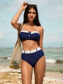 SHEIN Swim Vcay Costum de baie pentru damă, cu șalter la gât, cu set de pantaloni de bikini cu talie înaltă, minimalist și la modă, potrivit pentru vară - Multicolor - Vizualizare 1