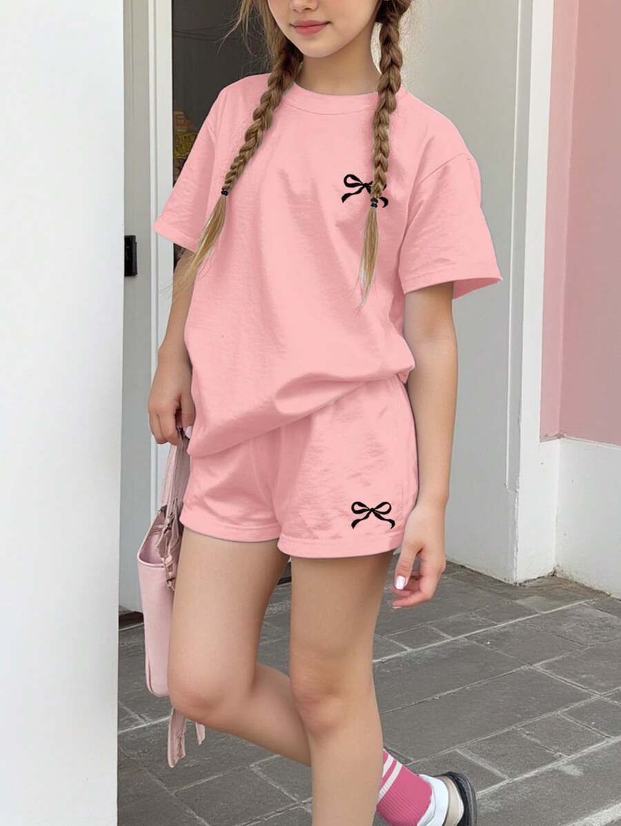 Emery Rose Kids Emery Rose Kids 2 件 Tween 女童休闲简约蝴蝶结装饰短袖上衣和短裤套装，夏季服装