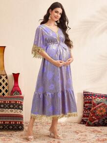 SHEIN Boho Maternity Maxi Dress: Mauve Purple Woven Fabric With Fringe Detail, Half Sleeves, And V Neck For A Flowy, Elegant Look - Mauve Purple - View 6