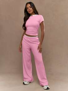 MISSGUIDED Conjunto de ropa de estar en casa de dos piezas con top corto de cuello contrastado y pantalones anchos de pierna ancha - Conjunto de chándal, yoga, baile, casual y cómodo para usar en primavera, verano y otoño