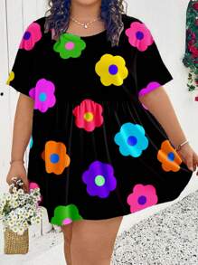 SHEIN CURVE+ Casual Minimalist All Over Print Plus Size Shirt, Pullover Doll Sweater Chic Blouses For Women - Multicolor - View 3