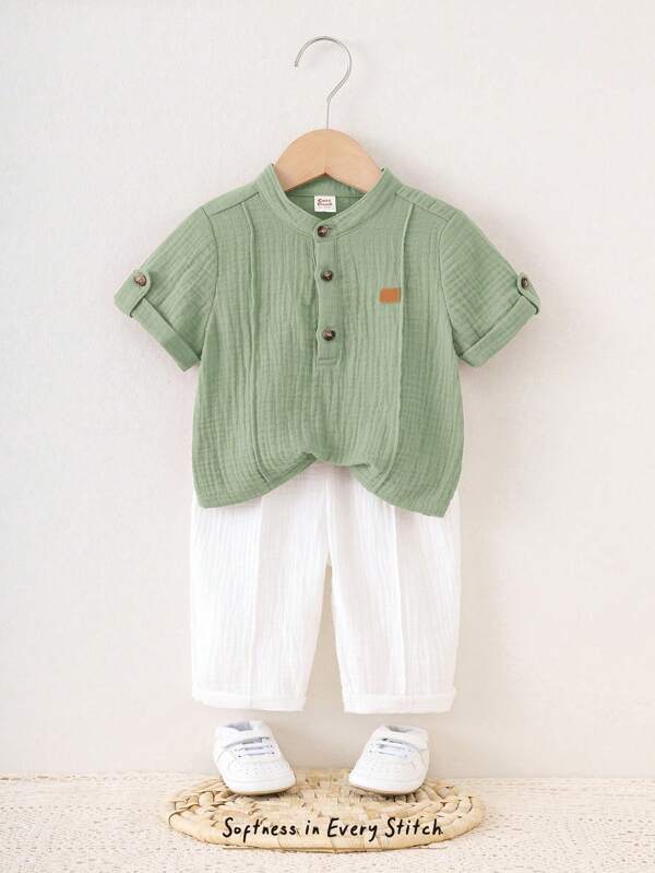 Cozy Pixies 2pcs Baby Boy Solid Color Stand Collar Short Sleeve Half-Zip Top With Decorative Stitching, Elastic Waist Pants, Summer Casual Set