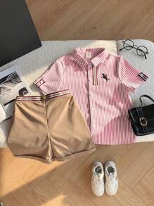 SHEIN Leap Crew 2pcs/Set Casual Collegiate Striped Turndown Collar Short Sleeve Shirt & Khaki Woven Shorts,Summer,Career Day,Back-To-School Sports Outfits For Boys - Red and White - View 4
