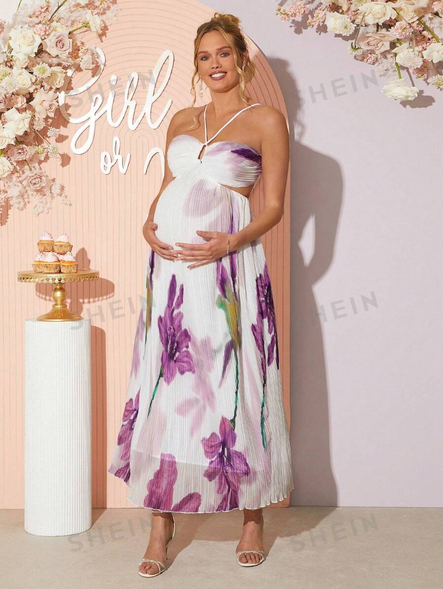 Loomaby Rochie fără mâneci, cu imprimeu floral, pentru femei însărcinate, vară