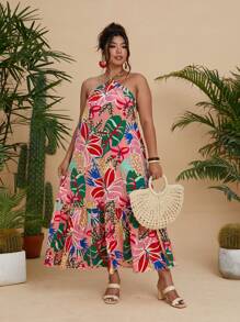 SHEIN LUNE Women's Plus Size Casual Bohemian Tropical Print Backless Halter Dress - Multicolor - View 3