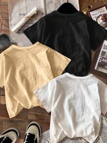 SHEIN Set de 3 camisetas de manga corta de cuello redondo holgadas con estampado de letras sonrientes y estilo minimalista casual para niño, apropiadas para el verano