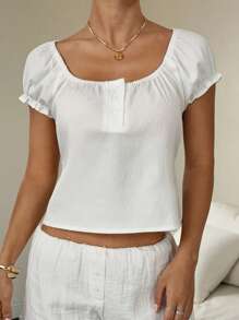 SHEIN Unity Women's Plain Button Half Placket Short Sleeve Casual Top - White - View 6