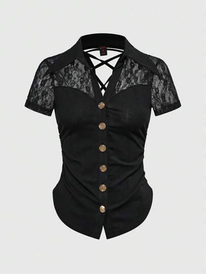 Grunge Punk Top halter con espalda descubierta de encaje en estilo Harajuku Gal para mujer