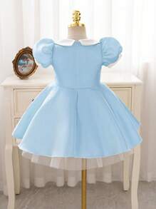 舞会礼服 女孩优雅闪亮金色面料泡泡袖大束腰正式派对礼服 - 藍色 - 查看 2