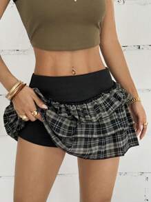 StreetHx Women's Plaid Patchwork Puff Mini Skirt