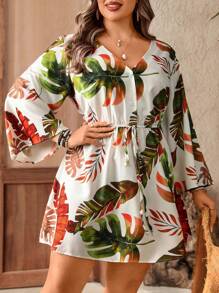 SHEIN Clasi Plus Size Casual Resort Beach V-Neck Ruffle Sleeve Dress - Multicolor - View 4