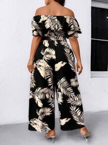 Elenzga Plus Size Elegant Printed Ruffle Ruffle Jumpsuit With Self Belt, Short Sleeve - Multicolor - View 2