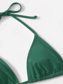 Swim Basics 2pcs/Set Solid Color Halter Tie Bikini Swimsuit For Summer Beach Vacation - Army Green - View 5