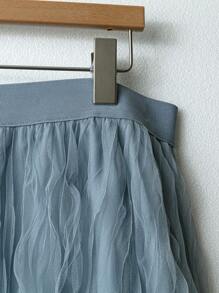 Franclia Chân váy lưới xếp nếp chữ A ngọt ngào cho nữ, chân váy dài xòe xếp ly cạp cao, mùa xuân/hè - Màu xanh bụi bặm - Xem 4