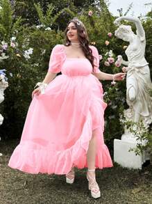 Flirla Plus Size Square Neck Organza Puff Sleeve Ruffle Hem High Slit Dress, Elegant Sweet For Lawn Wedding, Vacation - Pink - View 7