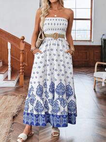 SHEIN LUNE 夏季波西米亚露肩沙滩长裙，适合度假和旅行 女士夏季服装 女士沙滩服装 波西米亚西部服装 女士太阳裙 波西米亚度假服装 波西米亚女装 乡村音乐会服装 女士音乐会服装 - 藍白色 - 查看 5