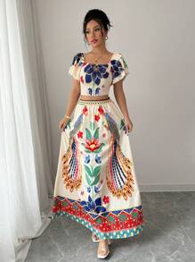 Elenzga Conjunto elegante y de moda para mujer con estampado floral, línea A, cuello cuadrado y volantes en la cintura, ideal para ir al trabajo, vacaciones, playa o fiestas - Multicolor - Ver 5